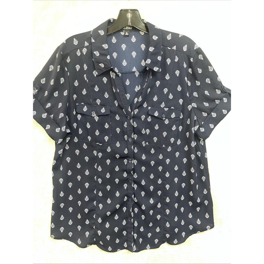 Roz & Ali Top Women's XL‎ Nautical Printed Button Up Dark Navy Blue Relaxed Fit